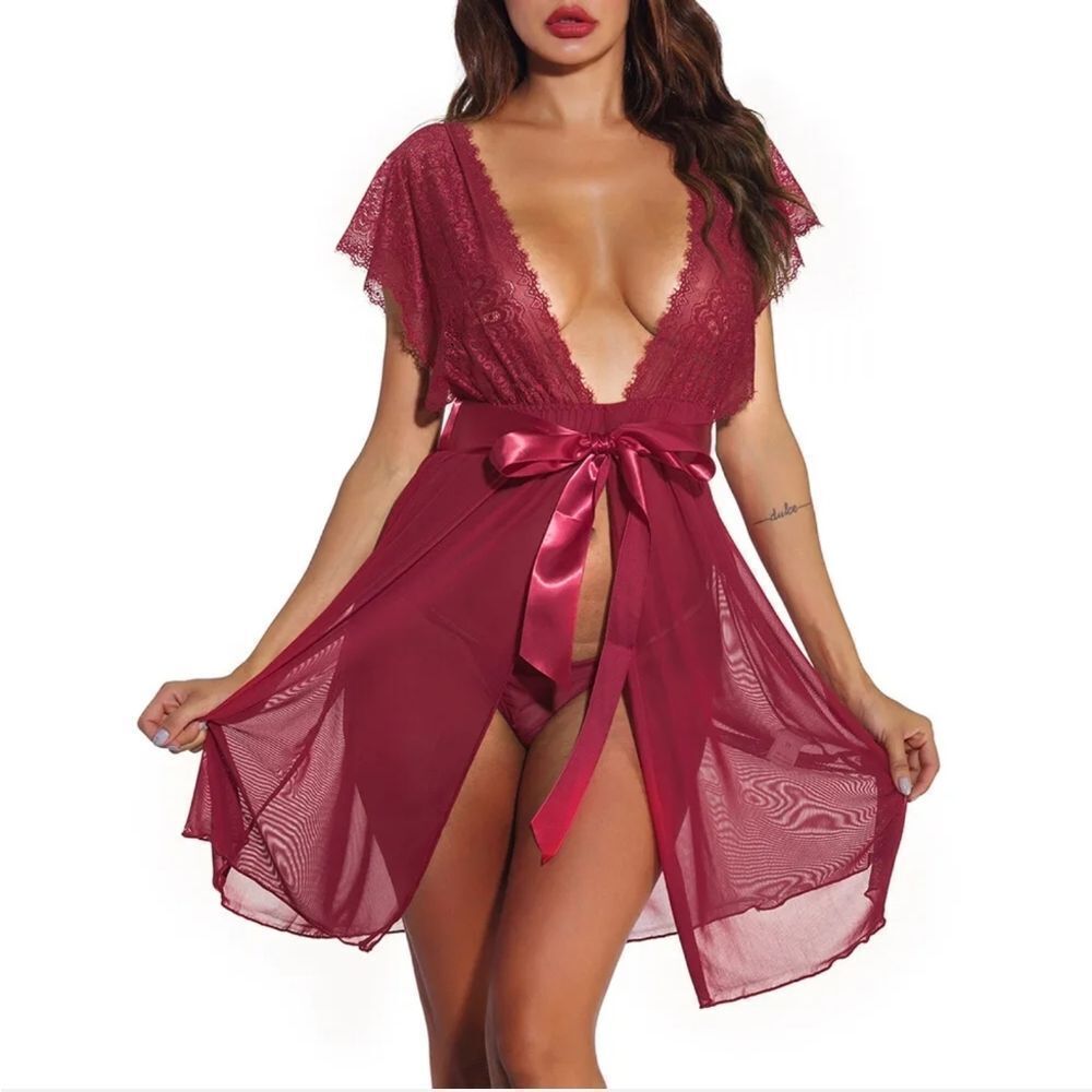 New Women Plus Size Contrast Lace Bow V-Neck Backless Dress Lingerie With Thong
